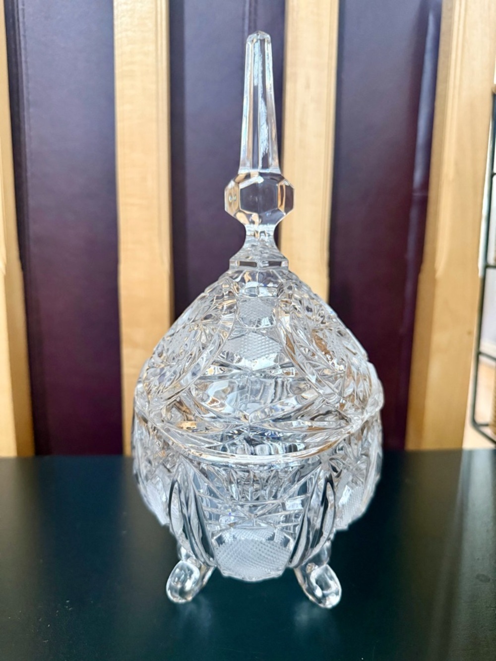 Vtg Large Cut Crystal Bonbonniere with Tall Finial - Vintage Pinwheel Starburst - Picture 4 of 12